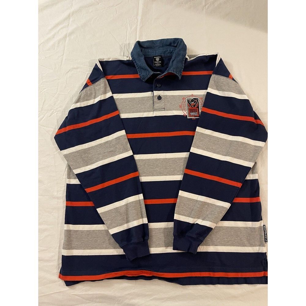 Warner Bros Long Sleeve Men XL Blue Grey Cotton Stripe Golf Polo Daffy Duck 2055 - Picture 2 of 10